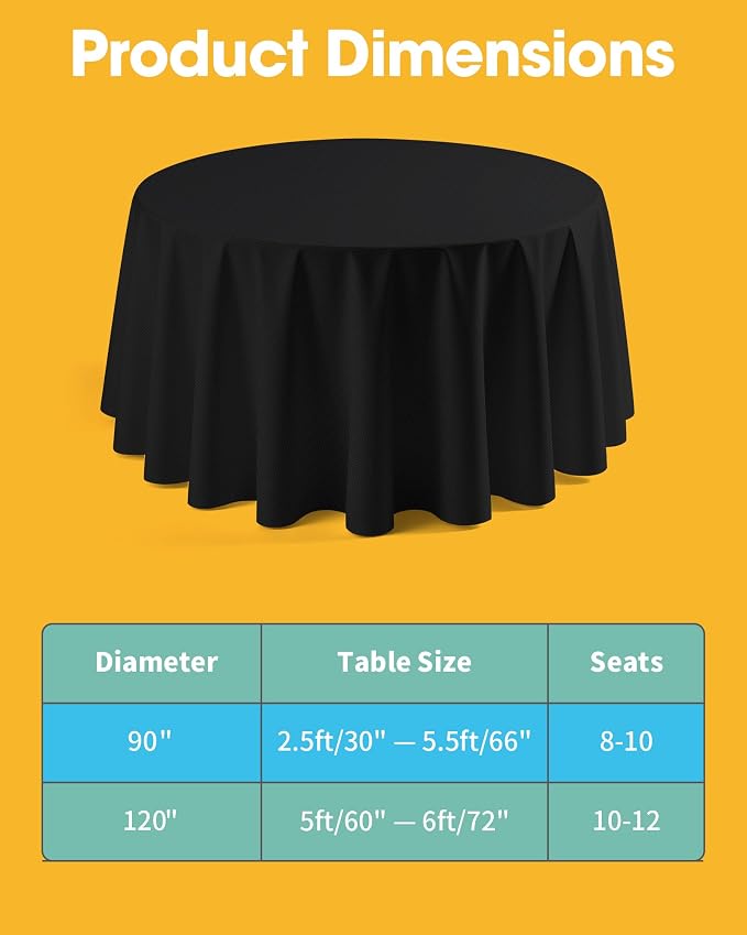 Niuara Black Round Table Cloth - 6 Pack, 90" Washable Polyester Tablecloth for Round Tables, Wrinkle-Resistant Table Cover for Weddings & Parties