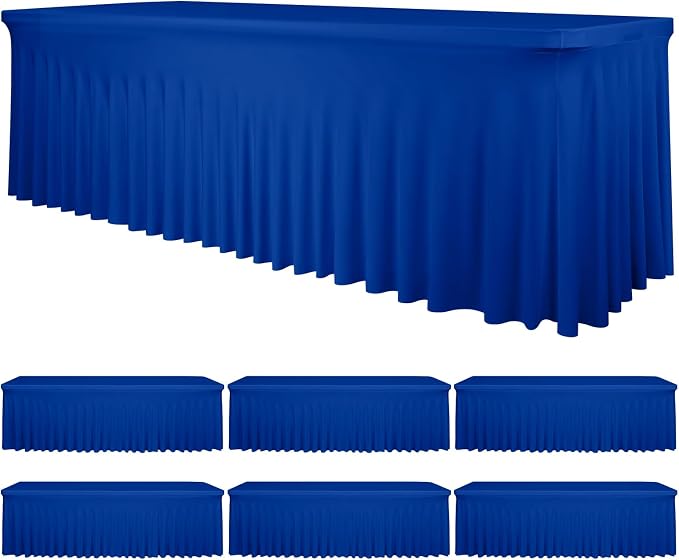 fani 6 Packs Royal Blue Stretch Table Skirts for 8 Foot Rectangle Table, Washable Spandex Stretch Tablecloths with Skirt, Wrinkle Resistant Fitted Tablecover for Wedding Party Banquet