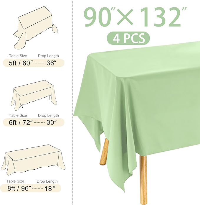 4 Pack Rectangle Tablecloth 90x132Inch Sage Green Washable Polyester Table Cover for Wedding Dining Table Buffet Parties Banquet Decoration