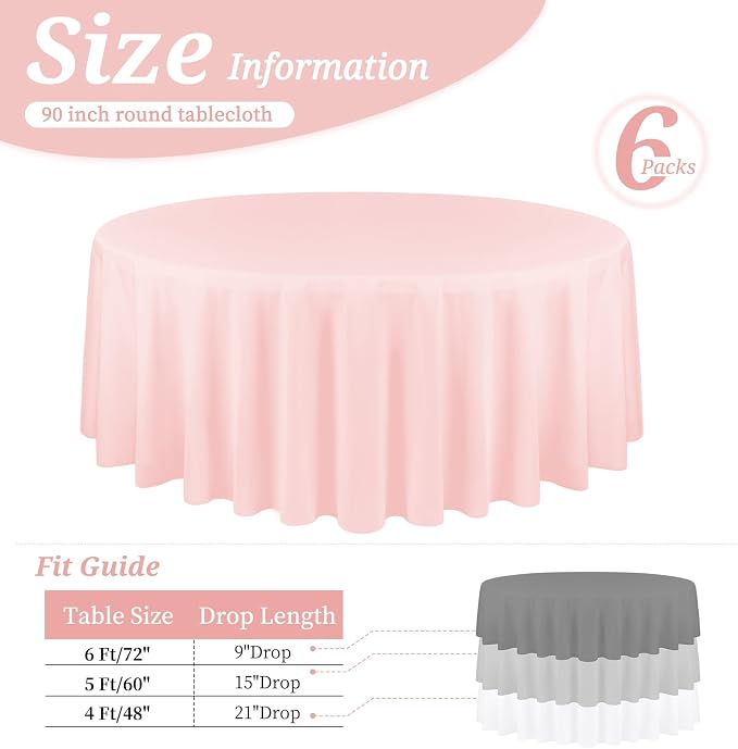 YMHPRIDE 6 Pack Round Tablecloths - Pink, 90 Inch Polyester Round Table Cloth, Washable Fabric Table Covers for Wedding, Party, Dining, Banquet