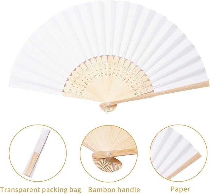 Sepwedd 50pcs White Paper Hand Fan Bamboo Folding,Handheld Paper Folded for Wedding Party and Home Decoration