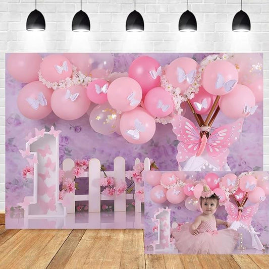 Leyiyi 6x4ft Butterfly Birthday Backdrop for Girls Pink 3D Balloons Floral Purple Butterfly Photography Background Newborn Baby 1st Birthday Party Decorations Cake Table Cake Smash Party Banner