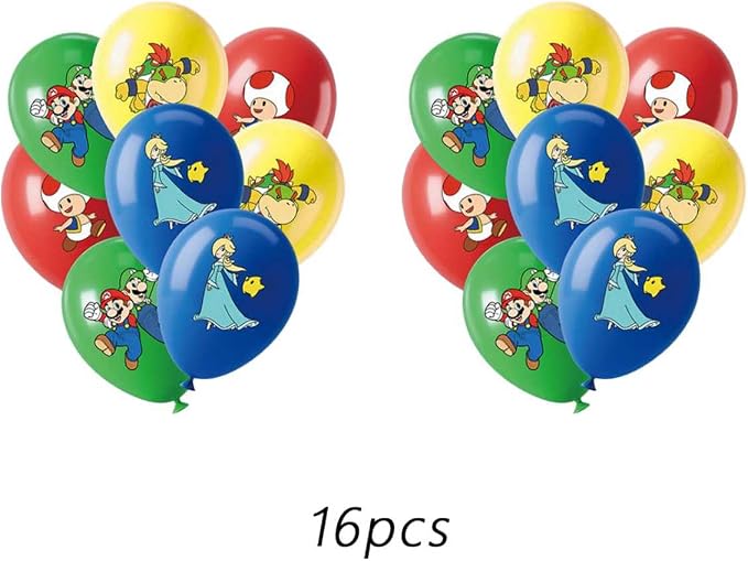 Birthday Party Decorations,50PCS latest Mario Cartoon Theme Supplies - 1 large cake plugin, 1 Backdrop, 1 Banner,6 decorative pendants, 1 Tablecloth, 24 Cake Toppers, 16 Latex Balloons.