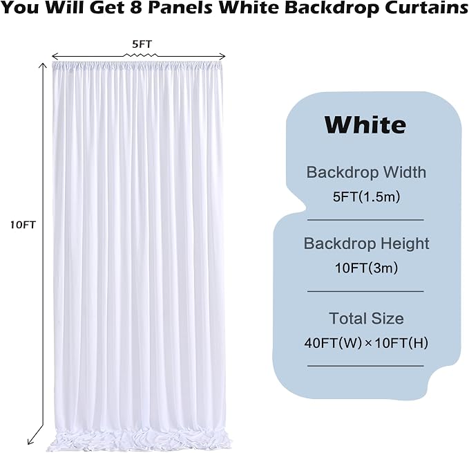 40ft x 10ft Wrinkle Free White Backdrop Curtain for Parties, 8 Panels Silky Polyester White Wedding Drapes for Backdrop 10 ft Photo Back Drop Fabric Cloth for Party Graduation Photography Background