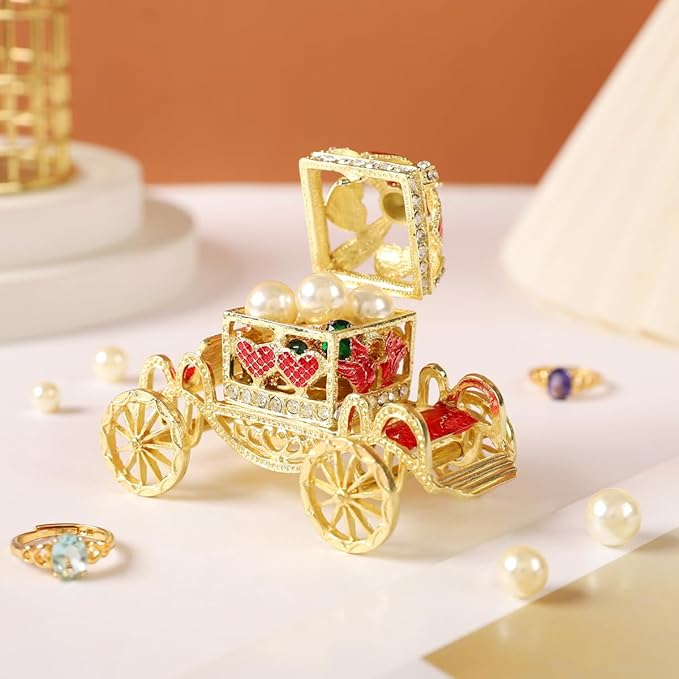 Retro Hollow out Carriage Trinket Box Small Jewelry Boxes Hand-Painted Christmas Gift for Women(Red)