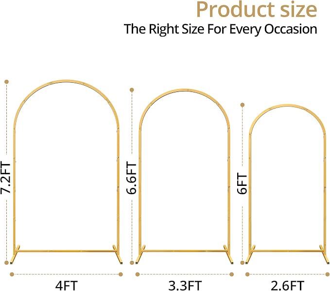 Arch Backdrop Stand Set of 3, Gold Metal Arched Frame (7.2FT, 6.6FT, 6FT) for Wedding Birthday Party Baby Shower Photo Booth Background Decor