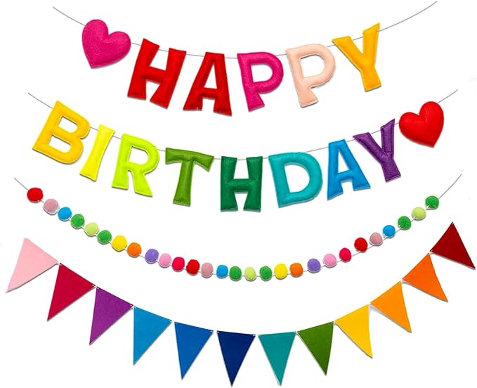 Colorful Pre-Strung 3D Happy Birthday Banner, 3 PCS Reusable Rainbow Party Decorations with Felt Ball Garland and Triangle Flags, Personalized Birthday Sign for Girl Boy Women Men