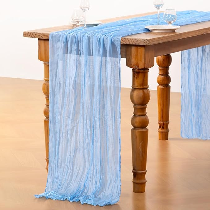 DeZerlor Baby Blue Cheesecloth Table Runner 4 Pack Spring Easter Table Runners Boho Gauze 120 Inches Light Blue Table Decor for Wedding Bridal Baby Shower Parties