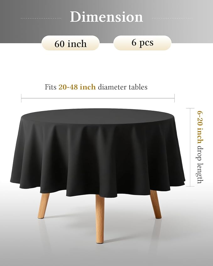 BESTVIP 6 Pack 60inch Black Round Polyester Tablecloths | Fits 20"-48" Tables | Fabric Washable Decorative Table Cover for Parties, Weddings, Holiday, Events, Restaurant