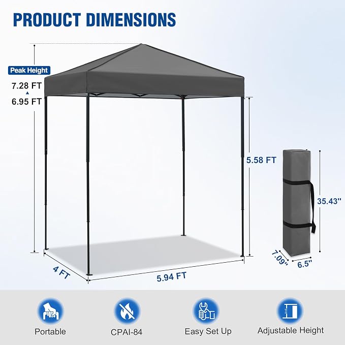 6x4 Pop Up Canopy Tent, Instant Portable Beach Canopy, Outdoor Tent with Carry Bag for Camping, Sports, Tailgating, Events, Drak Gray