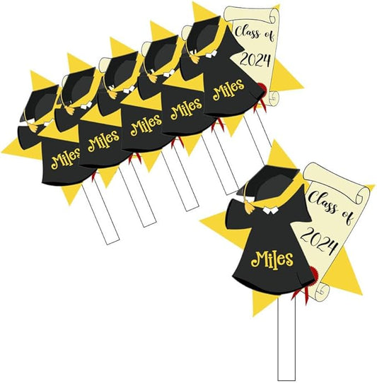 Graduation Class of 2024 Cupcake Toppers - Cap and Gown Gold Star - Student or School Party Theme Cake Accessories - 12 Piece Set