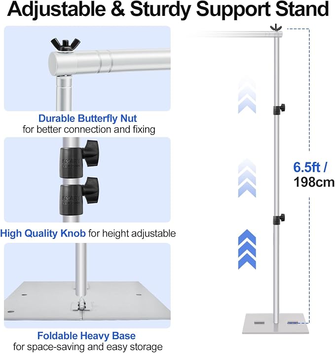 EMART Backdrop Stand, 6.5x10 ft Adjustable Photo Background Pipe and Drape Photography Kit with Heavy Duty Metal Flat Base for Parties, Wedding, Video Studio, Birthday - Silver