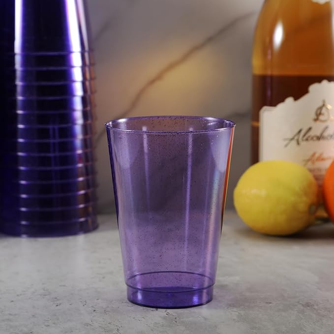 Homy Feel 12 Oz Purple Glitter Plastic Cups - 50PCS Disposable Cocktail & Wine Cups for Wedding Party