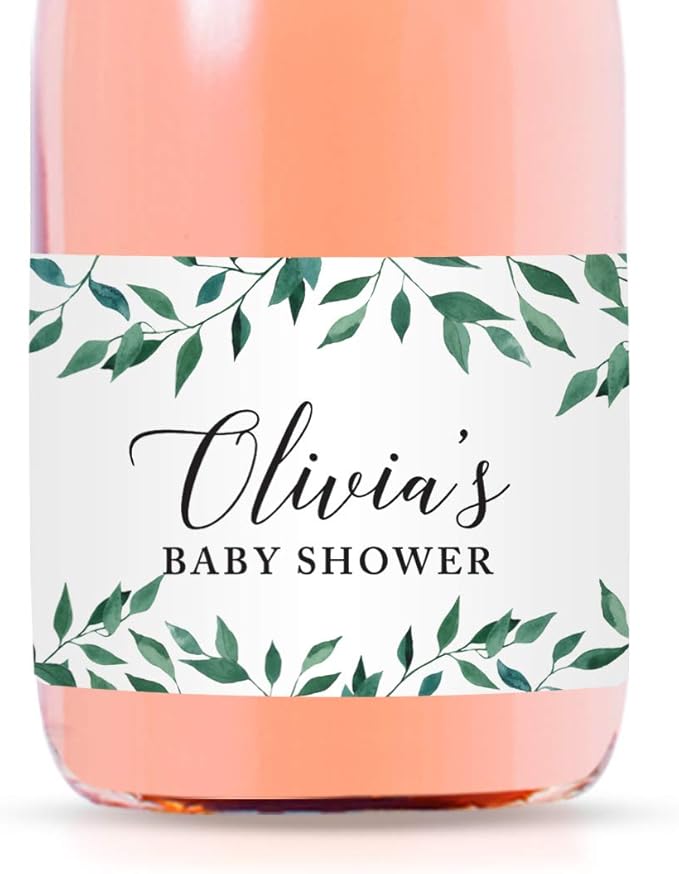 Andaz Press Personalized Mini Champagne Wine Bottle Labels, Olivia's Baby Shower, Date, Greenery Green Leaves, 20-Pack, Custom Mini Champagne Favor Gift Labels Stickers for Baby Shower