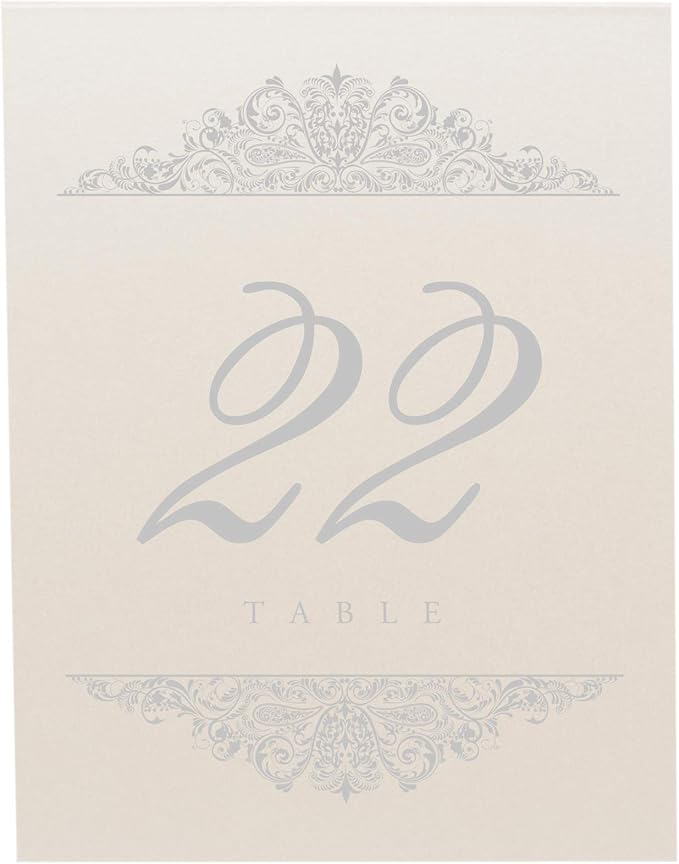 Paisley Wedding Table Numbers (Select Color/Quantity), Champagne, Silver, 1-65, Double Sided, Tent or Use in a Stand, Great for Parties & Restaurants - Made in the USA
