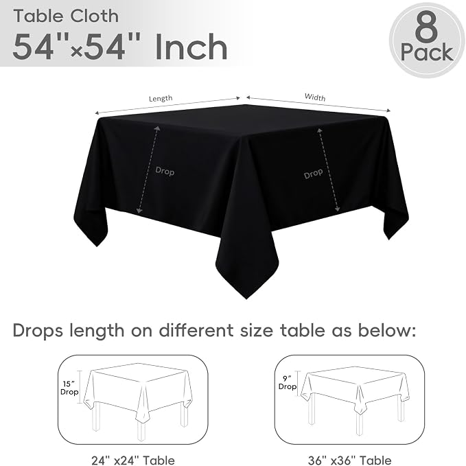 8 Pack Black Square Tablecloth 54x54 Washable Polyester Table Cloth for Square or Round Tables, Wrinkle Resistant Fabric Decorative Covers for Dining Party Banquet Buffet and Wedding