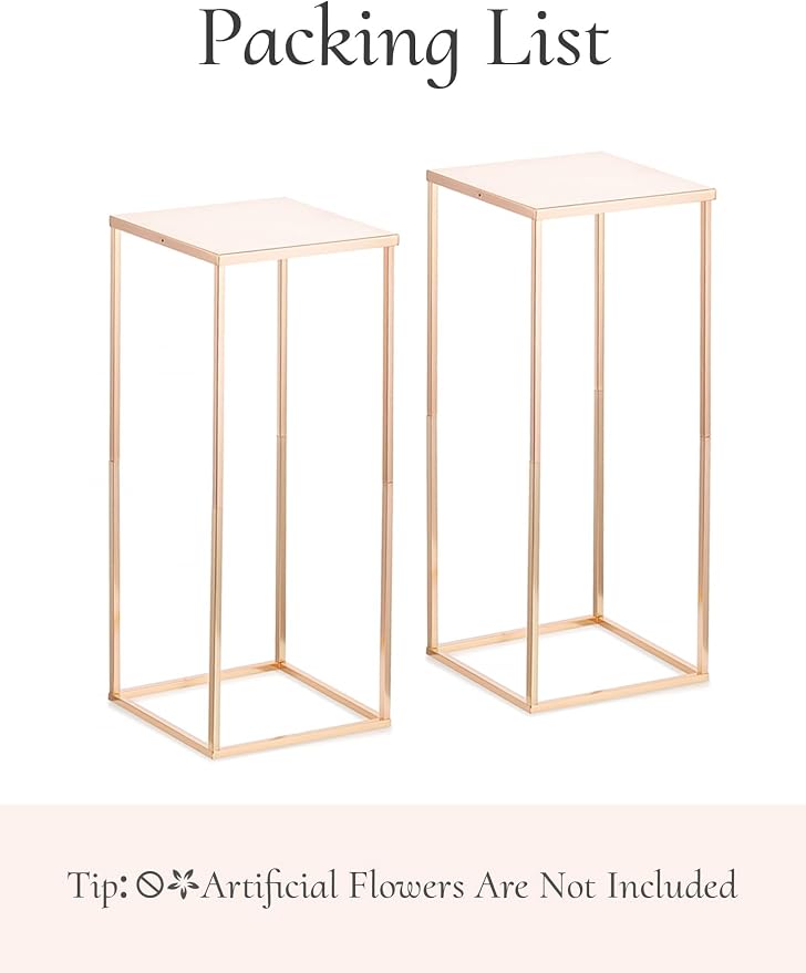 Gold Tall Stand for Wedding: 23.6in, With Metal Panel, Packs of 2 | Columnar Cube Shape, Easy to Assembly, Flowers Cakes Drinks Display Table Centerpieces for Wedding Party Event