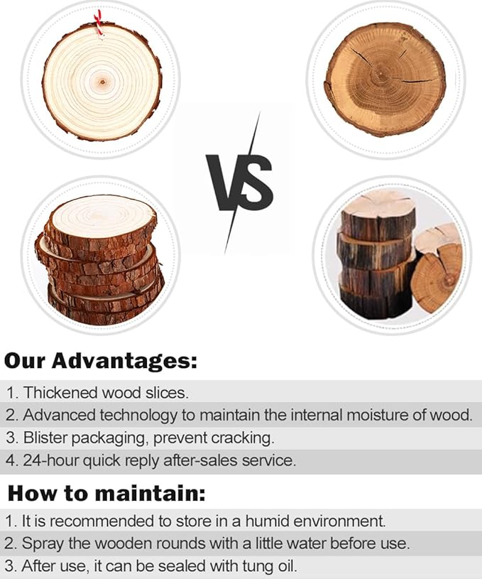 wohohoho 24pcs 2.4-2.8 inches Natural Wood Slices, Unfinished Craft Wood Kit Predrilled with Hole Thickened Wooden Circles with Bark for DIY Ornaments Christmas Wedding Decorations Wood Coasters Tags