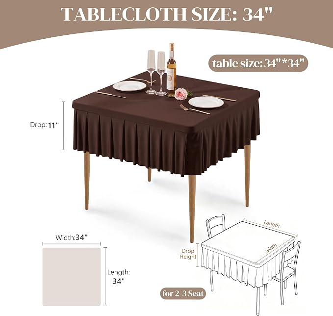 Wish Care Chocolate Spandex Tablecloths for 34x34 Inch Square Tables, Stretch Fitted Table Clothes with Pleated Ruffle Skirt for 34” Table, Wrinkle Free and Elastic, for Party Kitchen Home Dining