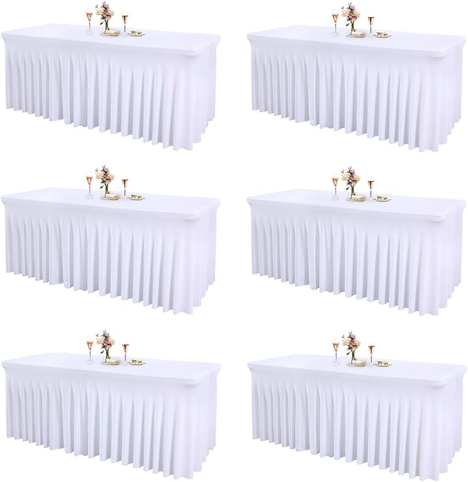 Shillance 6 Packs White Spandex Table Covers 6 Foot, Fitted Stretch Table Cloth with Skirts 72x30 Inch, Wrinkle-Free Floor Length Rectangle Tablecloths for Weddings Parties Banquets Events