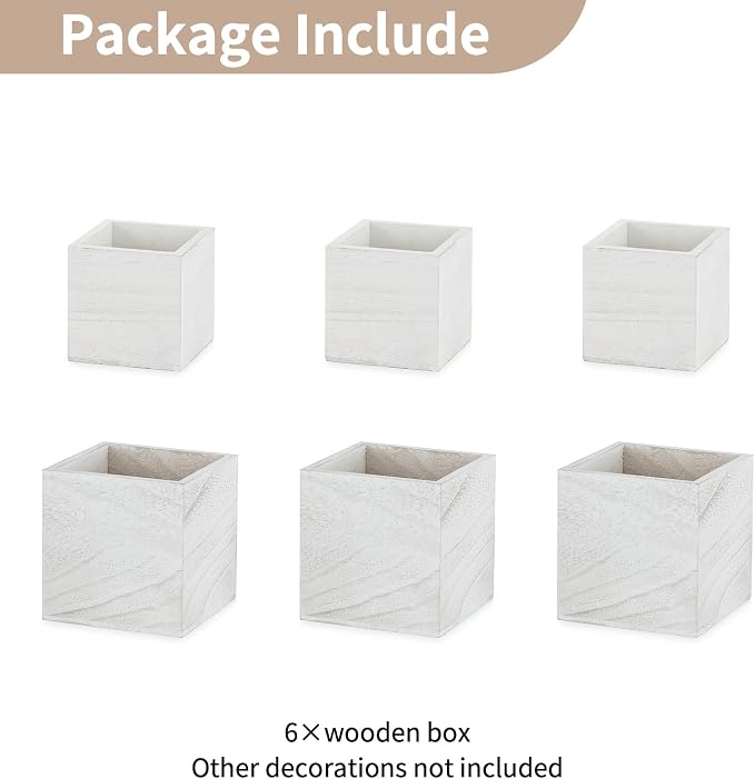 NUPTIO Wooden Box for Centerpiece Wedding: 6 Pcs Rustic Square Planter Box Farmhouse Table Fall Decor - 4×4" & 5×5" Whitewashed Small Wood Vases Flower Pots for Windowsill Home Garden