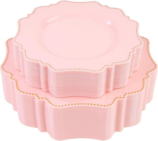 COLOSUS 60Pcs Pink and Gold Plastic Plates Set, Gold Pink Disposable Party Plates, 30pcs Dinner Plates and 30pcs Salad/Dessert Plates for Wedding, Party, Anniversary, Daily Use,Valentine's Day
