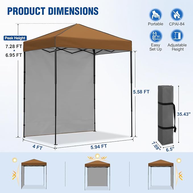 6x4 Pop Up Canopy Tent with One Wall Panel, Instant Portable Beach Canopy, Outdoor Tent with Carry Bag for Camping, Sports, Tailgating, Events, Khaki