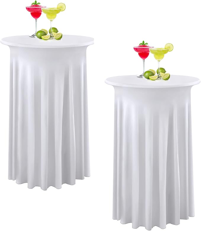 2 Packs White Round High Top Table Cloth for Cocktail Party 32inch×43inch Stretchy Wrinkle Free White Cocktail Table Covers for Party Wedding Banquet Baby Shower Baptism Decor