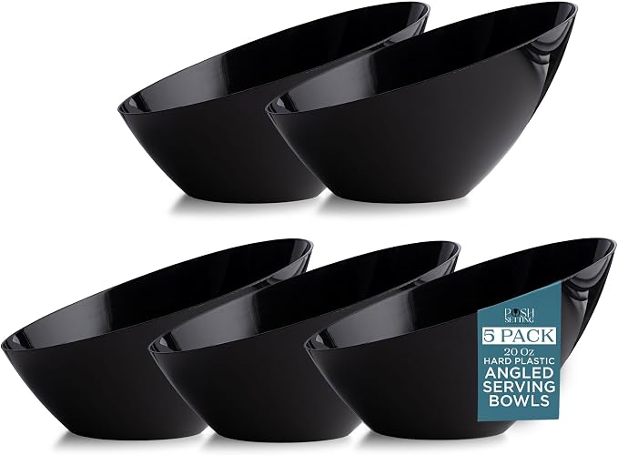 Posh Setting - Black Plastic Serving Bowls for Party Angled Bowls Disposable Chip Bowls Candy Bowls for Party Table Salad and Fruit Bowls for Wedding Serving Bowls-Black, 20 OZ, 5 Pack