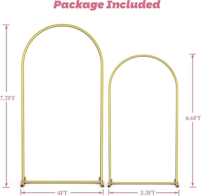 Arch Backdrop Stand Set of 2 (7.2FT,6.6FT), Gold Metal Arch Stand for Wedding Ceremony, Birthday Party, Baby Shower, Graduation, Floral Balloon Decoration