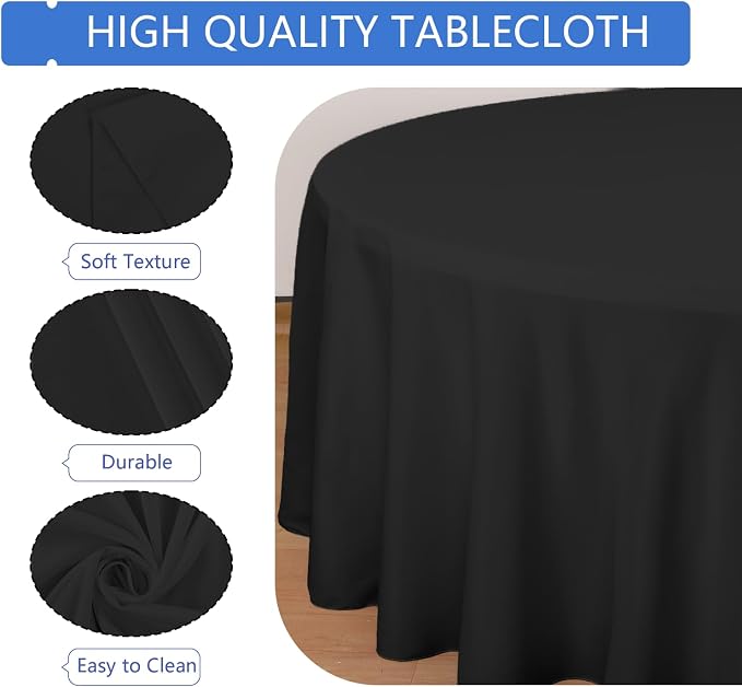 10 Pack Black Tablecloths - Round & Rectangle, 90 Inch, Polyester, Washable, Perfect for Wedding Party