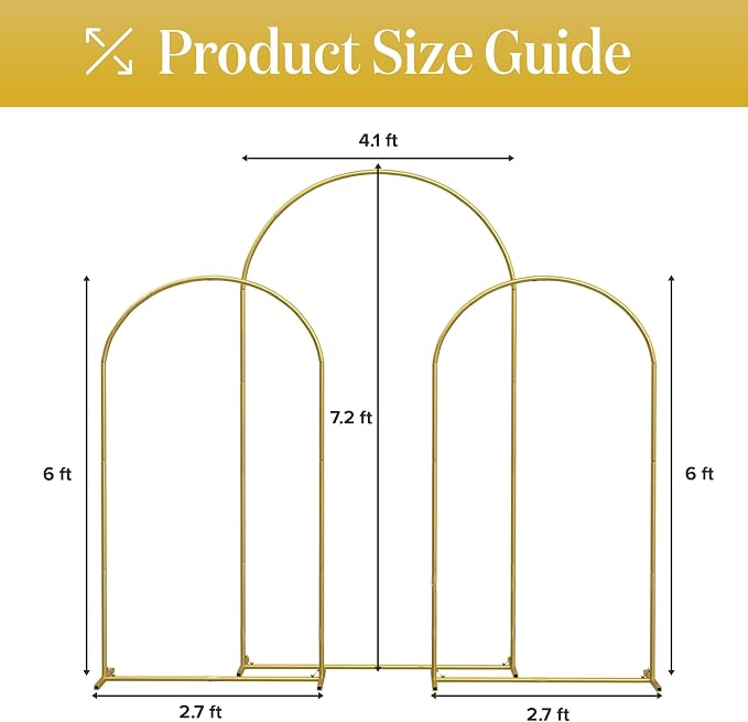 Metal Arch Backdrop Stand and Cover Set – 3 Gold Frames (7.2ft, 6ft x2) with White Wrinkle-Free Spandex Covers, Water Weights, Bags & Case – Wedding, Birthday, Baby Shower, Party Decor