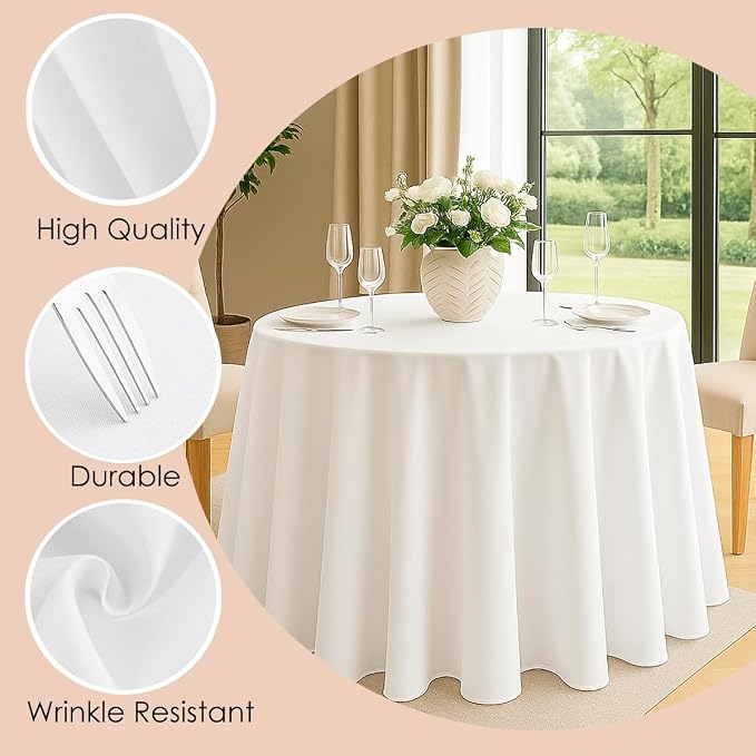 10 Pack 120 Inch White Round Tablecloth, Polyester Fabric Washable Table Cloth for Home, Party, Wedding or Restaurant Use.