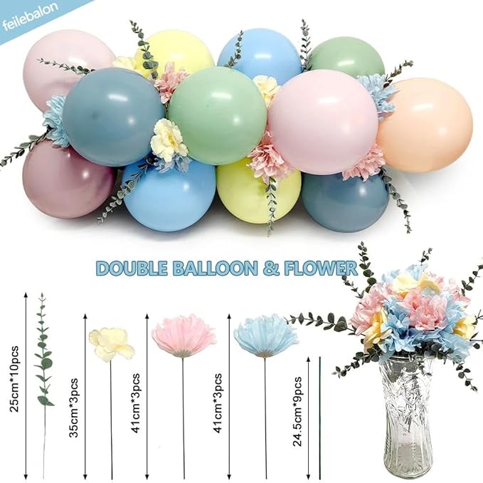 Pink Blue Green Balloon Arch Kit with Artificial Flowers, Double Stuffed Light Baby Yellow Pink Blue Green Pastel Floral Balloon Garland for Baby Shower Wedding Birthday Fairy Spring Tea Party Decor