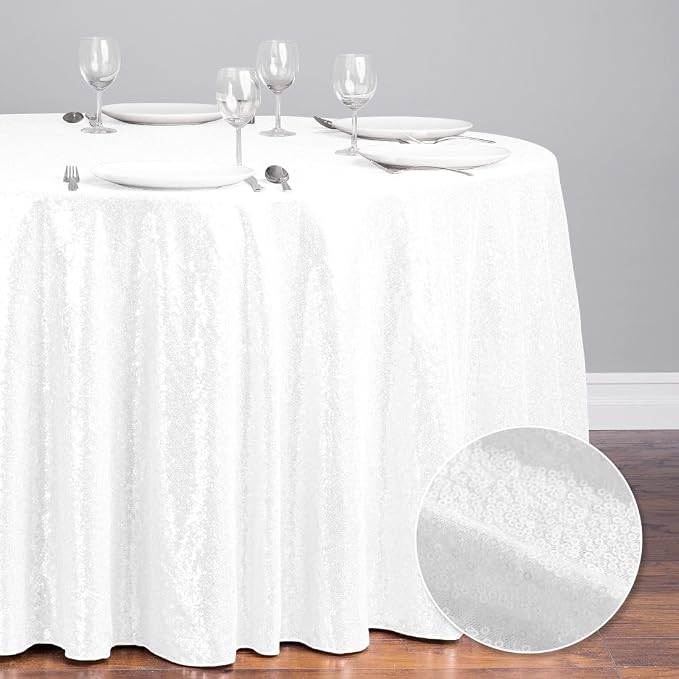 Sequin Tablecloth 132 inch Round Sparkly Table Cover Glitter Table Overlay for Party Dinner Festival Wedding Exhibition Dessert (White)