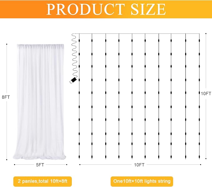 Fomcet Tulle Backdrop Curtains with Lights String White 10FT X 8FT Sheer Curtain with Lights Tulle Curtains Backdrop for Wedding Birthday Party Baby Shower Photo Shoot (2 Panels 5x8FT)