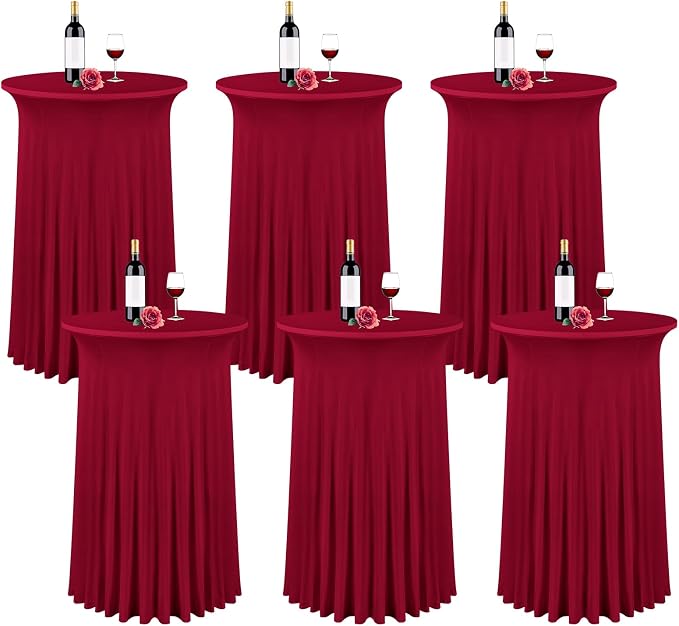 fani 6 Packs 32"x 43" Round Cocktail Table Skirt, Spandex Fitted High Top Table Skirt, Spandex Stretch Cocktail Tablecloth for Wedding Party Bar Banquet Birthday Tables(Burgundy)