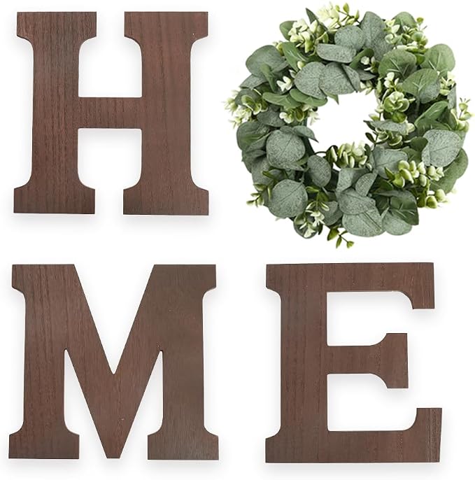 Wooden Home Sign Wall Hanging Decor Letters for Wall Art with Artificial Eucalyptus Wreath Rustic Decor Farmhouse for Living Room Kitchen Point Housewarming Gift(Brown)