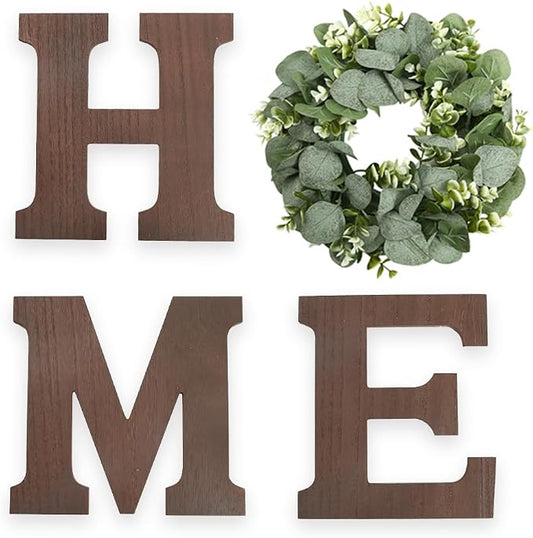 Wooden Home Sign Wall Hanging Decor Letters for Wall Art with Artificial Eucalyptus Wreath Rustic Decor Farmhouse for Living Room Kitchen Point Housewarming Gift(Brown)