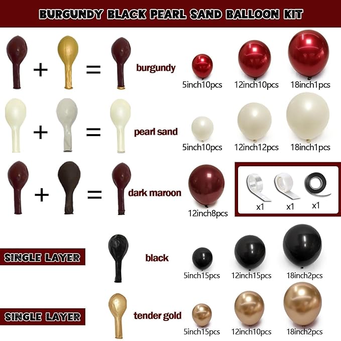 Burgundy Black Balloon Arch Kit Double Stuffed Maroon Dark Red Wine Pearl White Sand Gold Balloon Garland for Birthday Mothers Day Anniversary Graduation Hollywood Bridal Shower Party Decoration