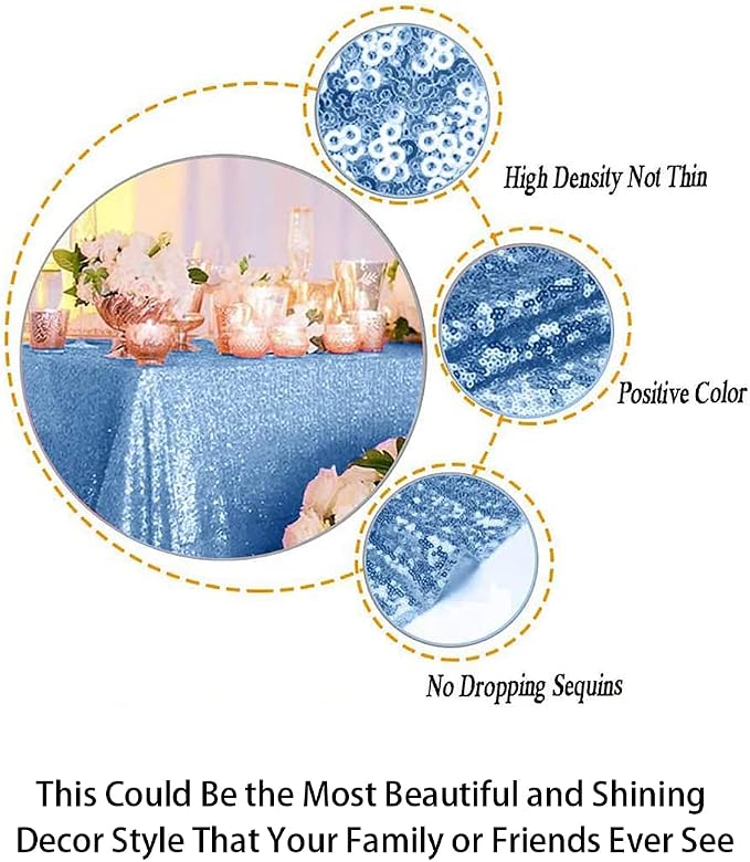 ShiDianYi Baby Blue 60x102-Inch Sequin Rectangular Tablecloth Bridal Dress Table Cloth Baby Blue Glitter Tablecloth Sequin Table Overlay for Wedding Party Birthday Decor