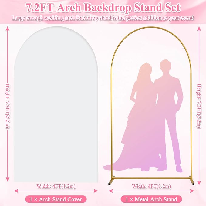 Jupwalz Arch Backdrop Stand and Cover Set, Metal Arch Stand with Rich Balloon Tool for Wedding Birthday Baby Shower Graduation Event Balloon Flowers Decor, Easy to Assemble (7.2FT, White)