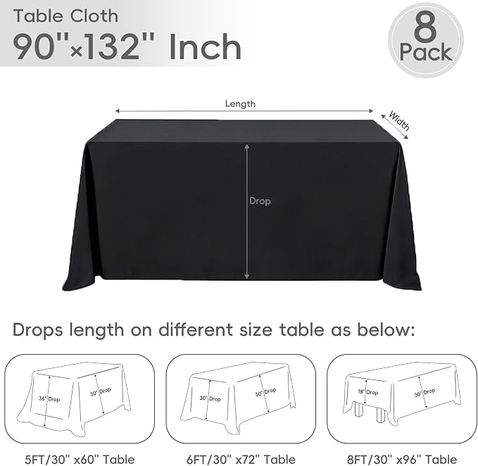 8 Pack Black Tablecloth 90 x 132 Inch Rectangular Table Cloth for 8 Foot Rectangle Tables, Wrinkle Resistant Washable Polyester Fabric Covers for Wedding Party Banquet Buffet and Camping