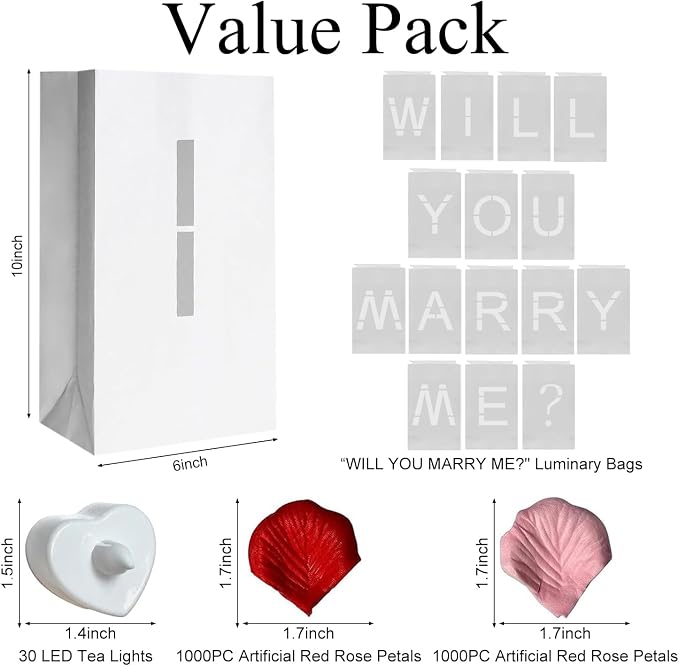Will You Marry Me Light Up Letters Luminary Bags, Marry Me Sign Banner, Romantic Proposal Decoration Kit with 30PC Bright LED Candles and 2000PC Fake Rose Petals