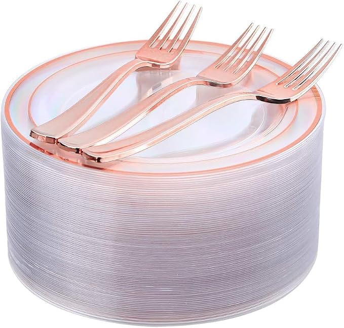 I00000 72 Pcs Rose Gold Plastic Dessert Plates7.5& 72 Pcs Plastic Forks7.4, Premium Salad Plates, Heavy Duty Disposable Plate for Party,Disposable Appetizer Plates Great for Wedding