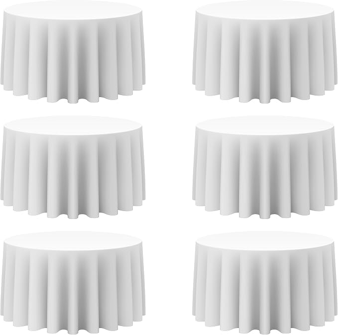 BRILLMAX 6 Pack White Round Tablecloths 120 Inch for 60” Tables - 150 GSM Polyester Fabric, Floor Length Drop, Water, Stain & Wrinkle Resistant Cloth Cover for Wedding Reception Banquet Dining