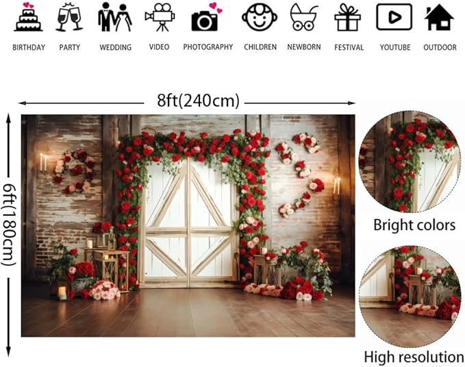 8x6ft Red Rose Brick Wall Wood Door Backdrop for Wedding Bridal Shower Party Decorations Mother’s Day Valentine's Day Engagement Backdrops Portrait Photo Booth Props