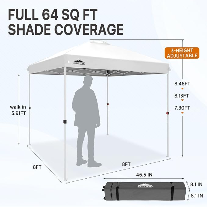 EAGLE PEAK Pop Up Canopy Tent with Wheeled Carry Bag, 8 Stakes, 4 Ropes, Easy Set Up Tent Canopy, 8x8 ft, White