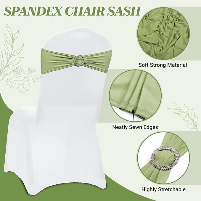 VDS - Sage Green | Spandex Chair Sashes Bows | 200 PCS | Stretch Elastic Banquet Universal Folding Chair Band Tie with Silver Buckle Slider for Wedding Party Conference Celebration Event Decoration