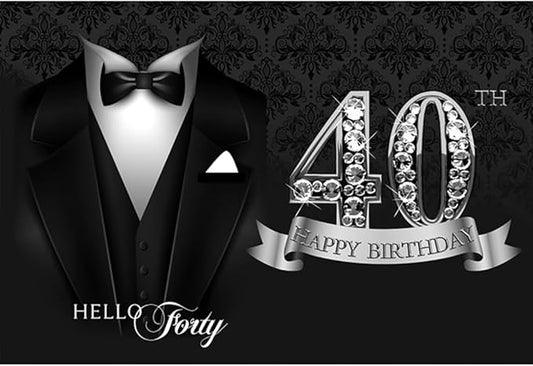 5x3ft Man 40th Birthday Backdrop Black Necktie Suit Tuxedo Silver Diamonds 40th Happy Birthday Photography Background Hello Forty Birthday Party Banner Cake Table Decor Photo Shoot Props